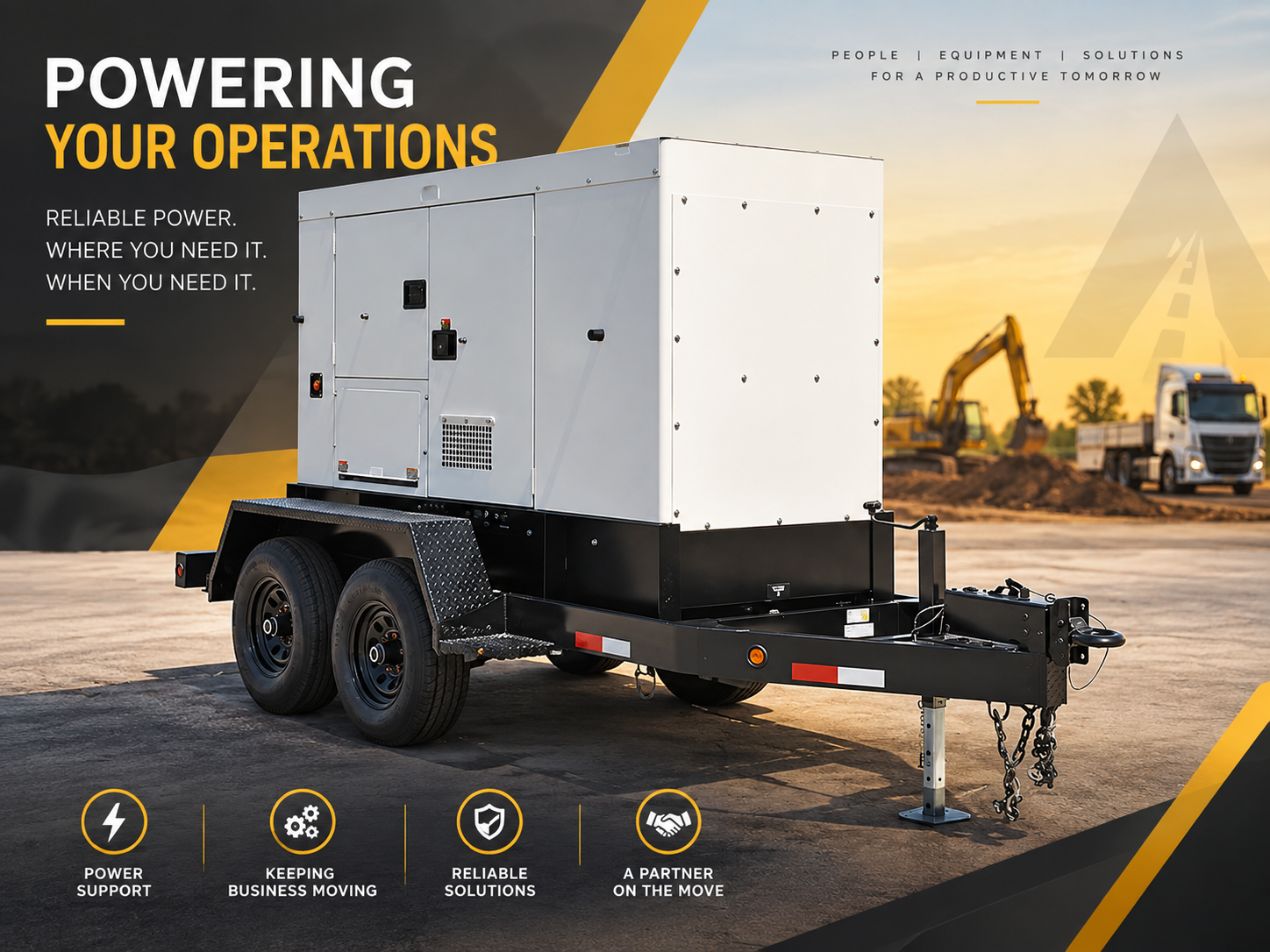 Trailer-mounted mobile diesel generator supplying power on an Eastern Cape construction site