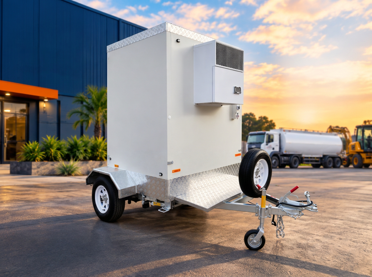 Mobile refrigeration trailer unit ready for on-site cold storage hire