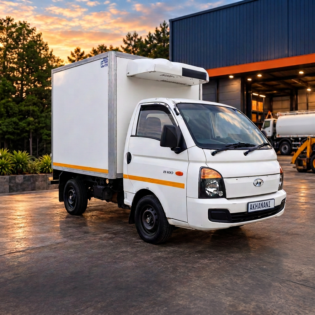 Akhanani Logistics white H-100 refrigerated truck with branded depot in the background